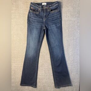 Size 27  Women’s Shyanne Mid Rise Dark Blue Boot Cut Jeans With Aztec designs